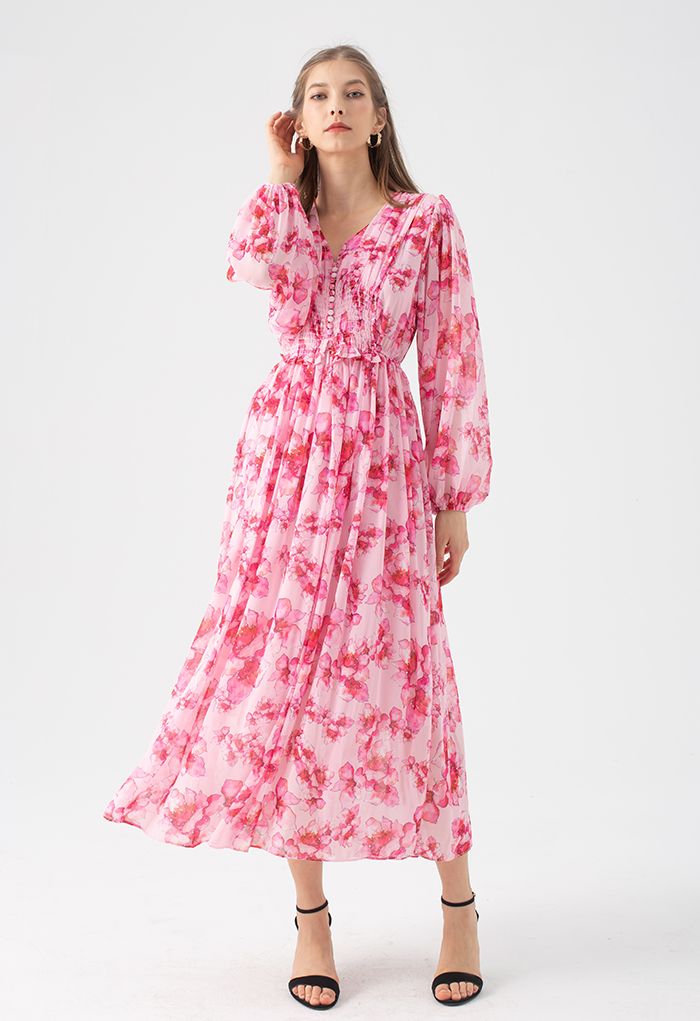 Robe maxi froncée à fleurs délicates en rose vif