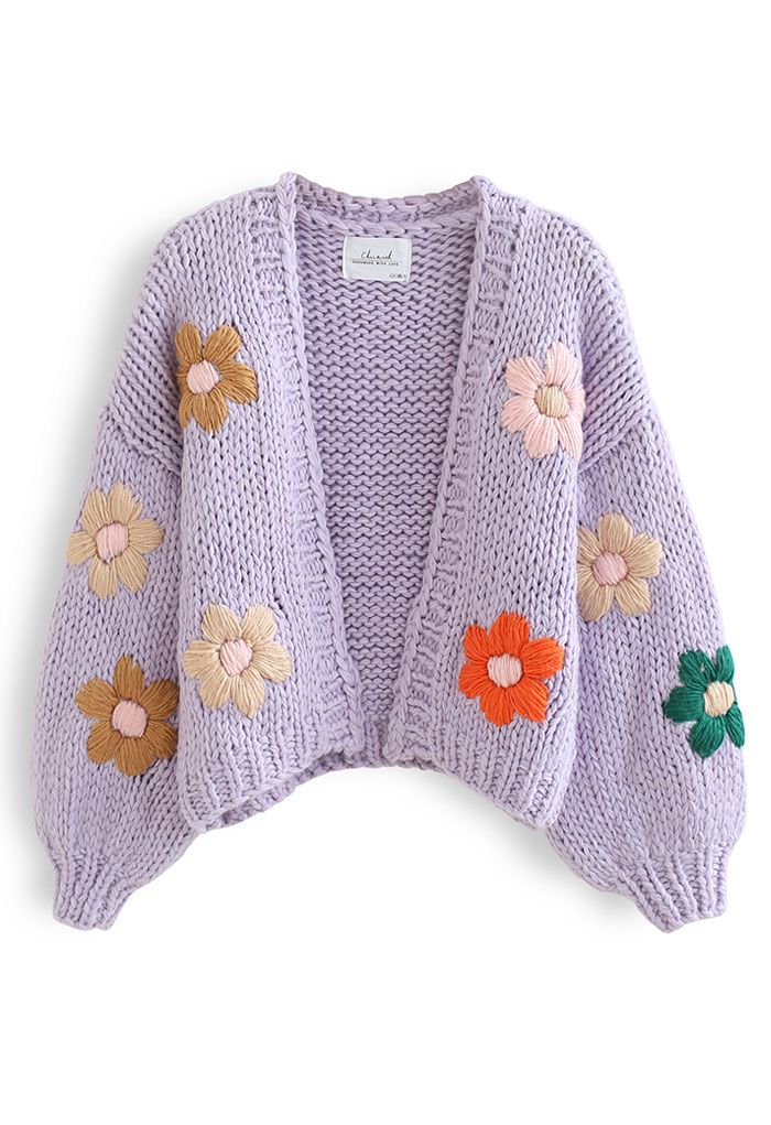 Cardigan épais tricoté à la main Stitch Flowers en lilas