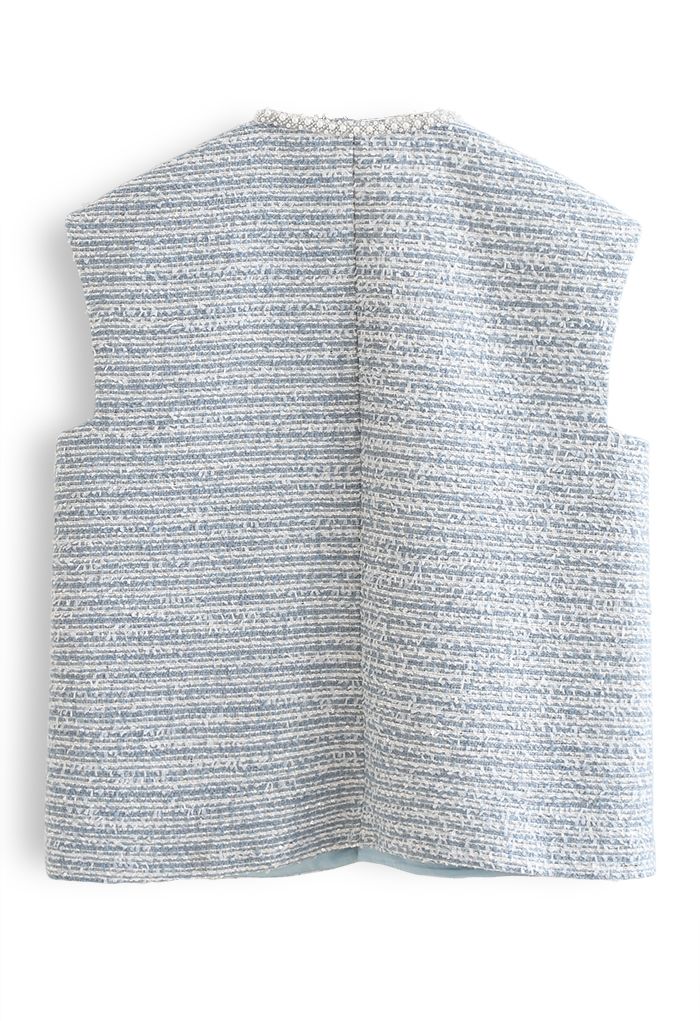 Veste sans manches en tweed avec poche à bord nacré en bleu