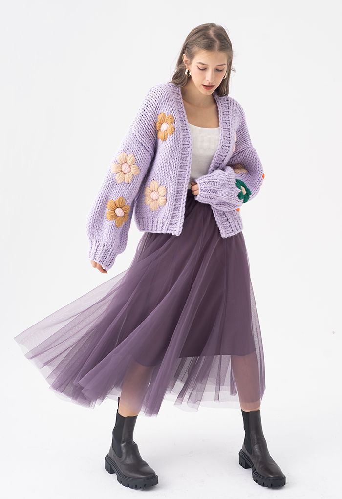 Cardigan épais tricoté à la main Stitch Flowers en lilas
