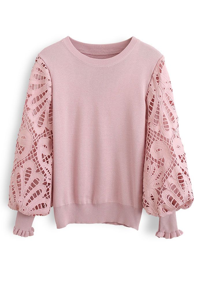 Haut en tricot à manches crochet baroque en rose