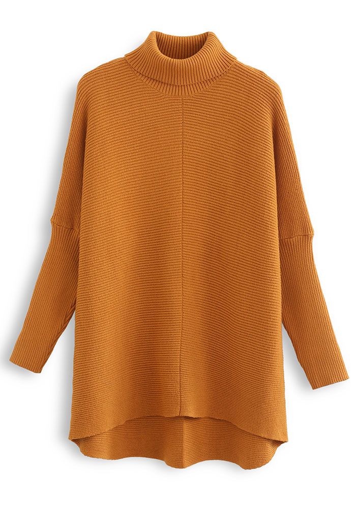 Chic sans effort Pull Col Roulé Manches Chauve-Souris Salut-Lo en Caramel