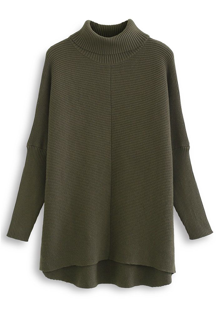 Pull sans effort chic à col roulé et manches chauve-souris en vert armée