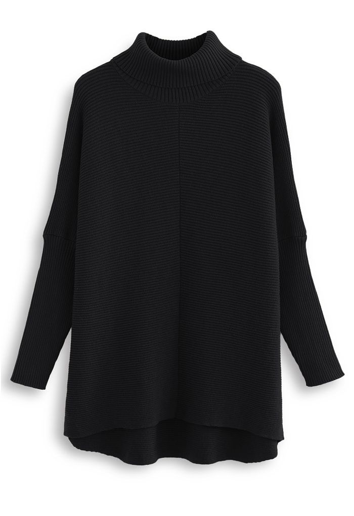 Chic sans effort Pull Col Roulé Manches Chauve-Souris Salut-Lo en Noir