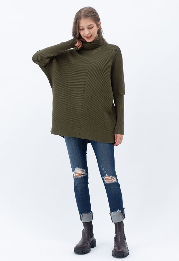 Pull sans effort chic à col roulé et manches chauve-souris en vert armée