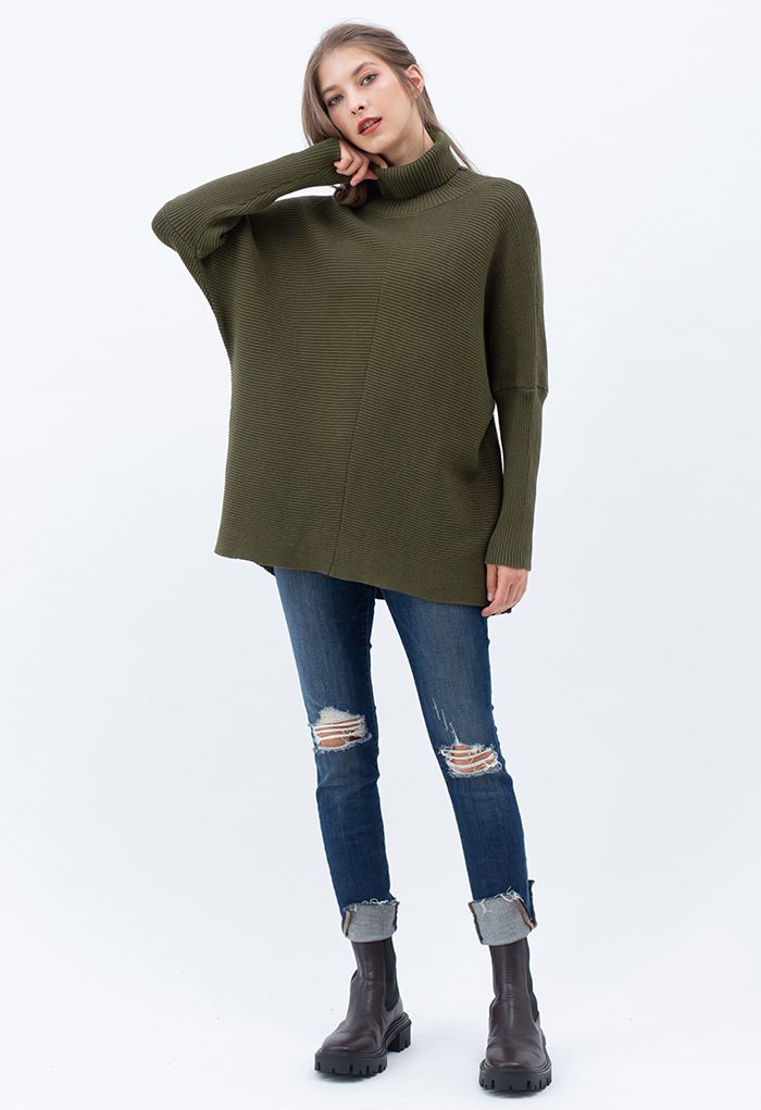 Pull sans effort chic à col roulé et manches chauve-souris en vert armée