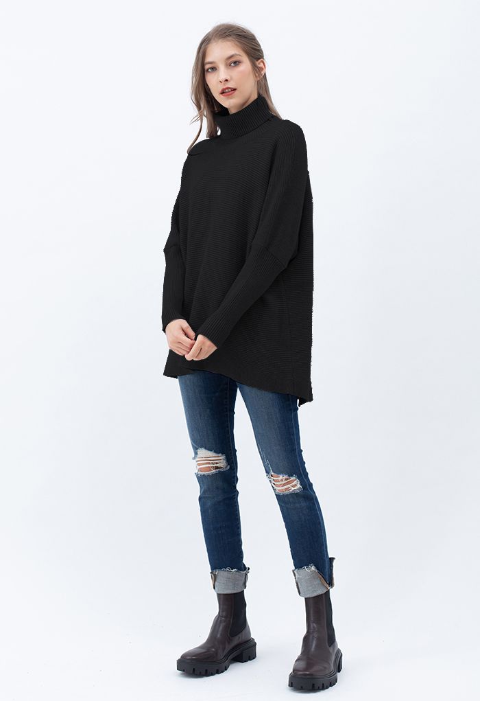 Chic sans effort Pull Col Roulé Manches Chauve-Souris Salut-Lo en Noir