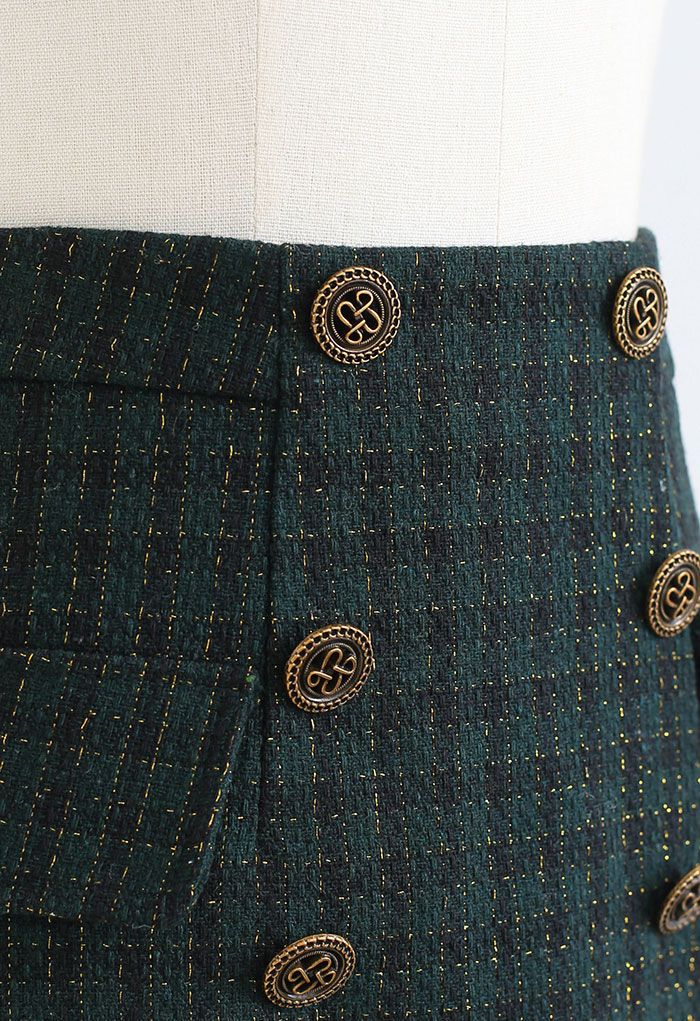 Mini-jupe en tweed scintillant à motif vichy en vert