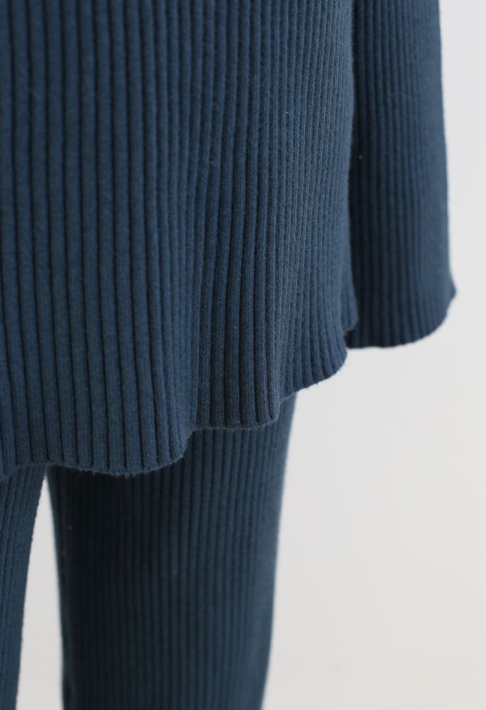 Ensemble pull et pantalon en tricot côtelé à ourlet fendu en bleu sarcelle