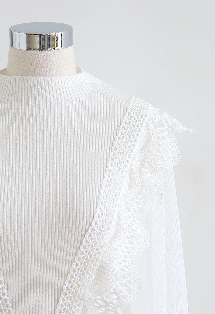 Haut en tricot à manches en maille crochet festonnée en blanc