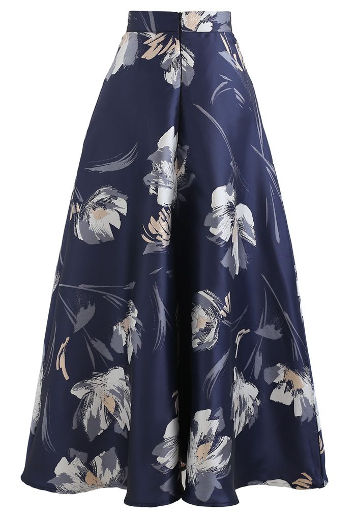 Jupe longue en jacquard floral Blooming en bleu marine