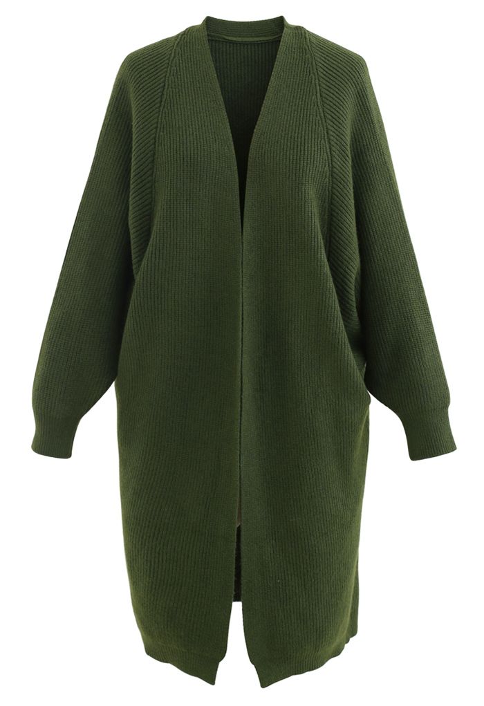 Cardigan long en tricot côtelé chauve-souris en vert