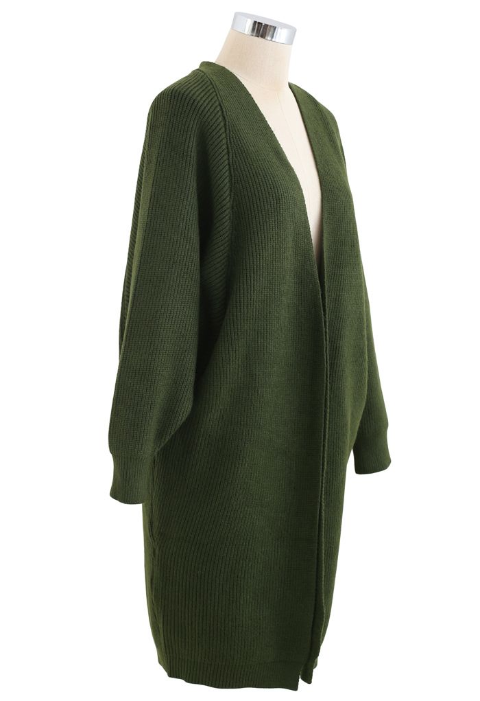 Cardigan long en tricot côtelé chauve-souris en vert