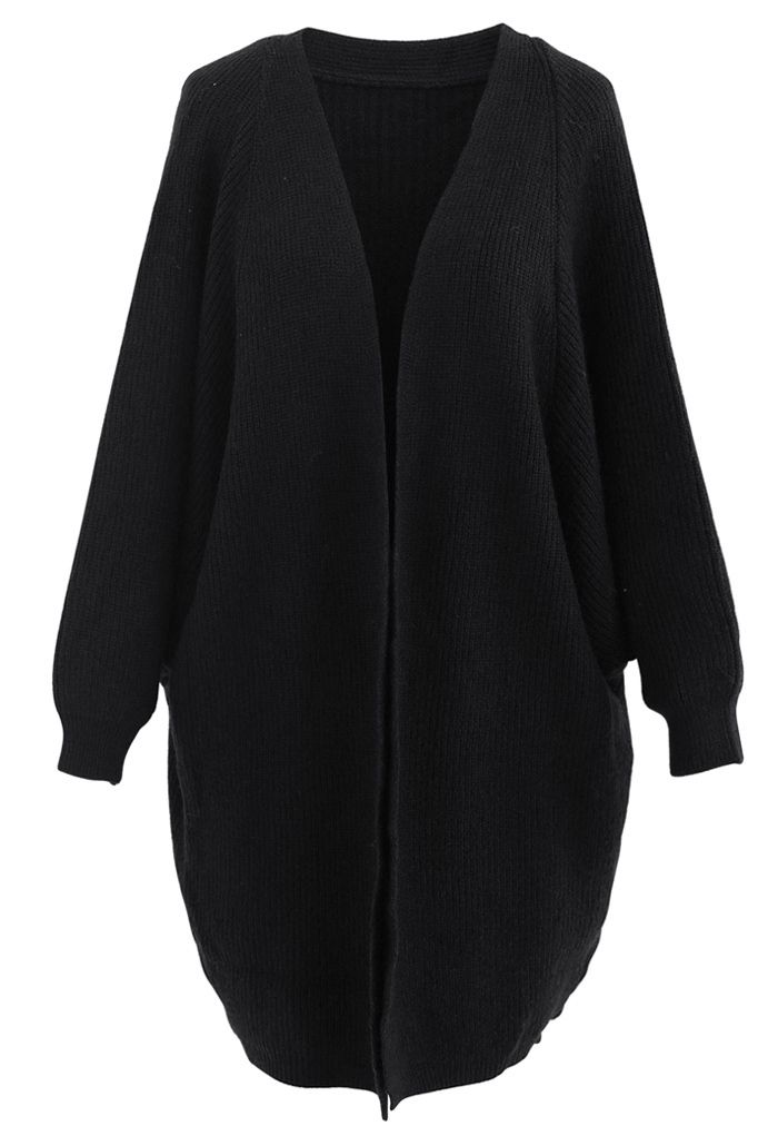 Cardigan long en maille côtelée chauve-souris en noir