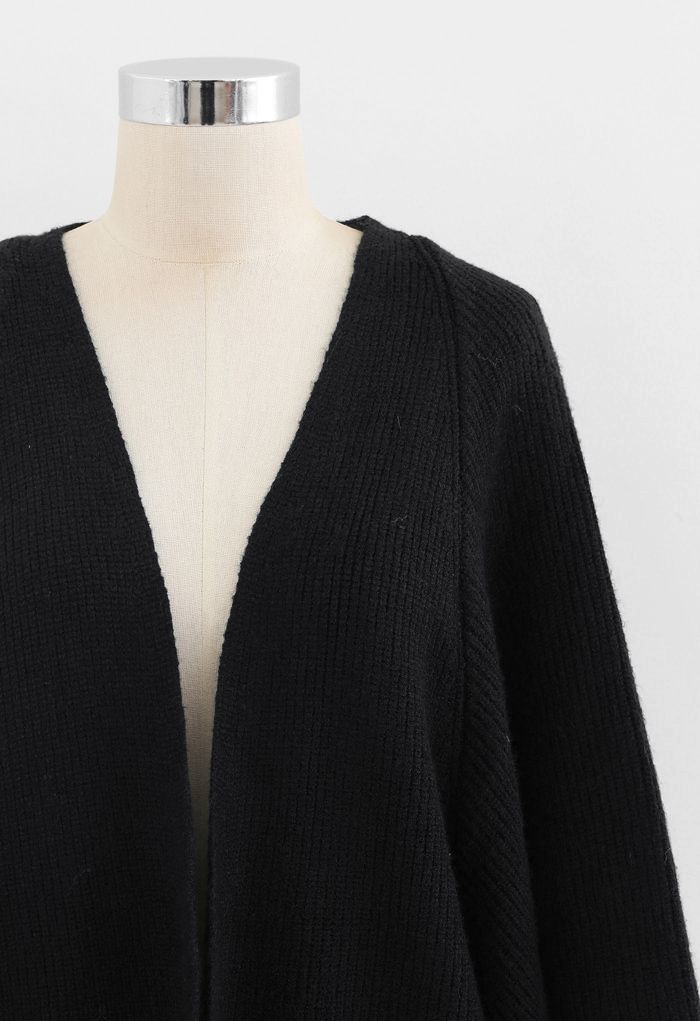 Cardigan long en maille côtelée chauve-souris en noir