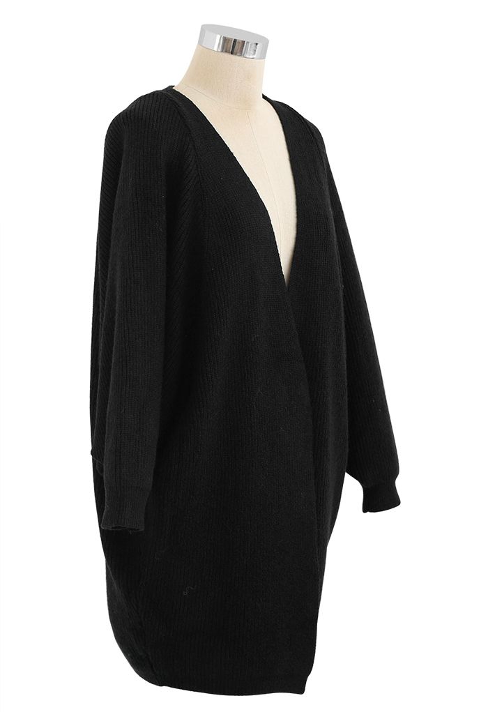 Cardigan long en maille côtelée chauve-souris en noir