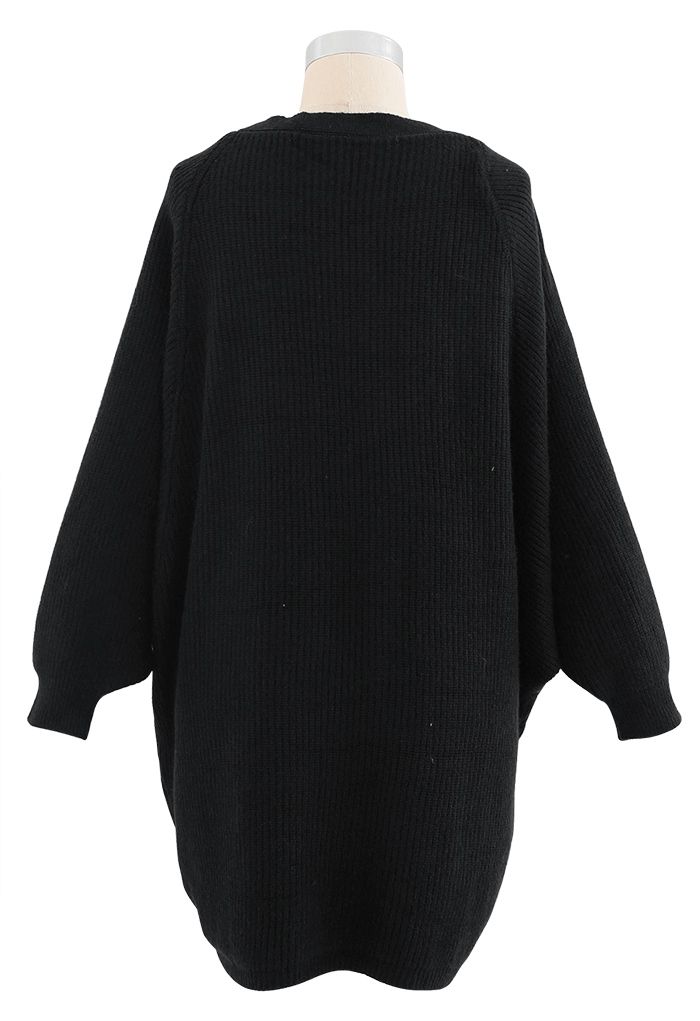 Cardigan long en maille côtelée chauve-souris en noir