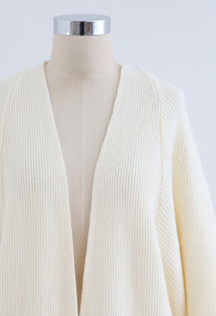 Cardigan long en tricot côtelé chauve-souris en crème