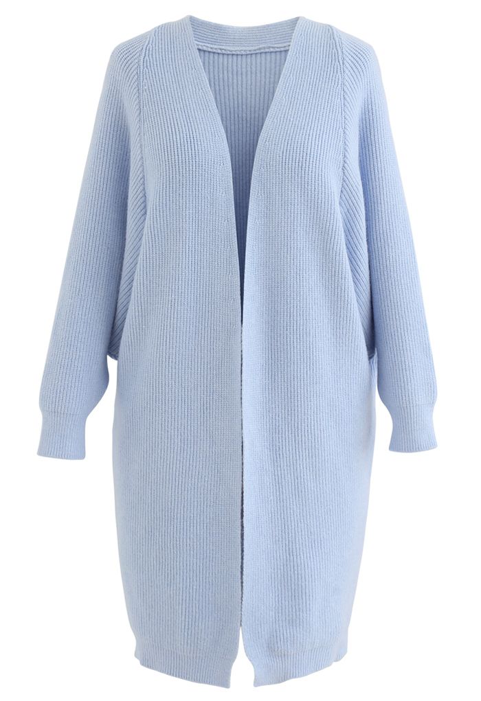 Cardigan long en maille côtelée chauve-souris en bleu bébé