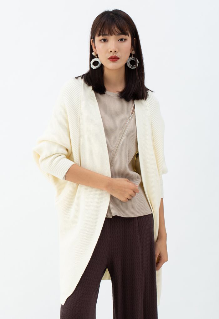 Cardigan long en tricot côtelé chauve-souris en crème