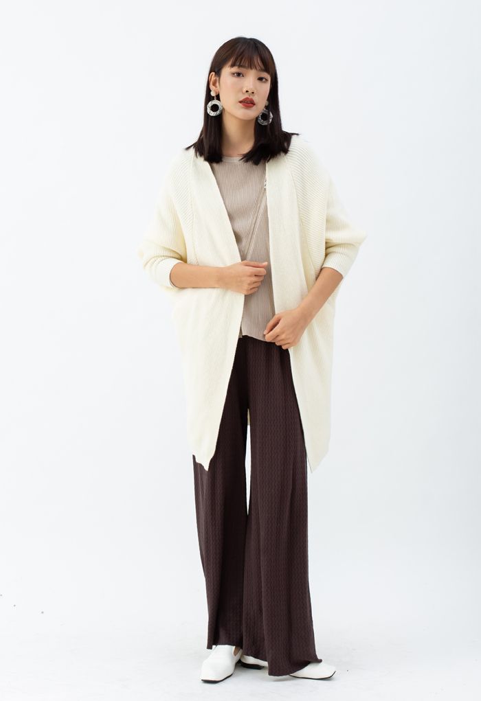 Cardigan long en tricot côtelé chauve-souris en crème