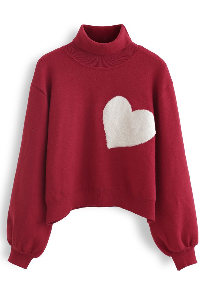 Pull en Tricot à Col Haut et Cœur Brodé en Rouge