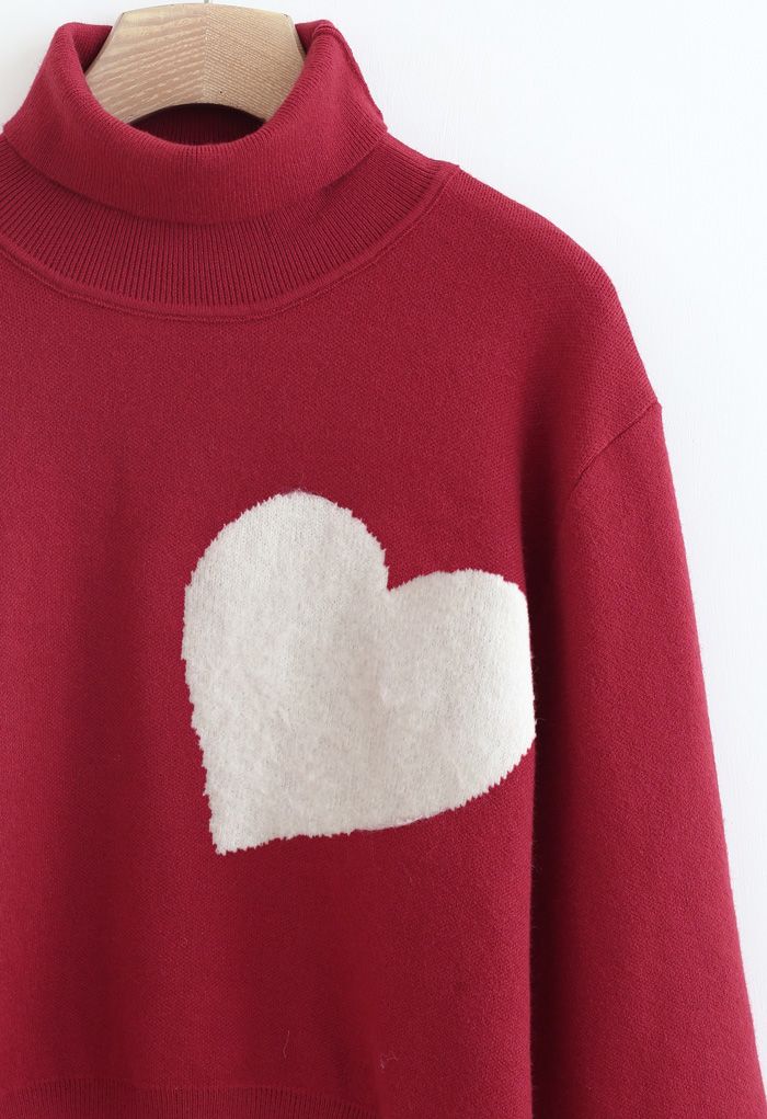 Pull en Tricot à Col Haut et Cœur Brodé en Rouge