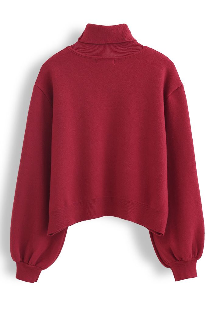 Pull en Tricot à Col Haut et Cœur Brodé en Rouge