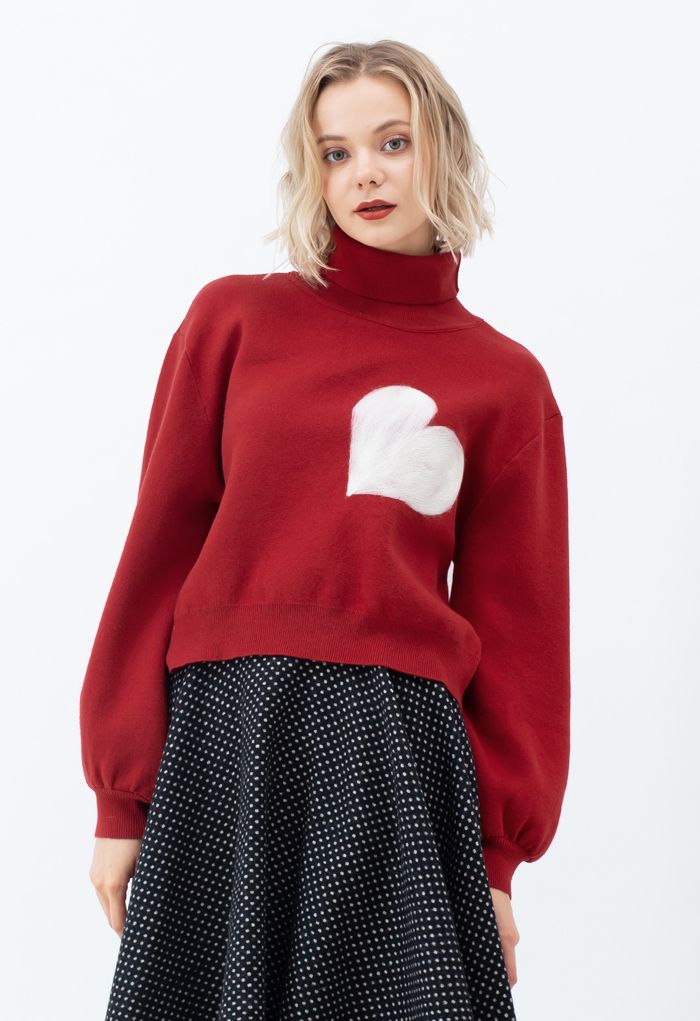 Pull en Tricot à Col Haut et Cœur Brodé en Rouge