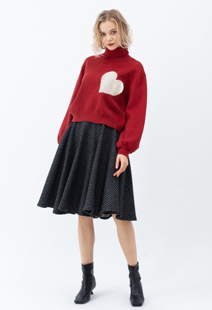 Pull en Tricot à Col Haut et Cœur Brodé en Rouge