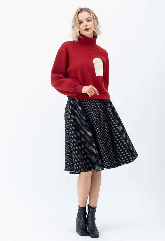 Pull en Tricot à Col Haut et Cœur Brodé en Rouge