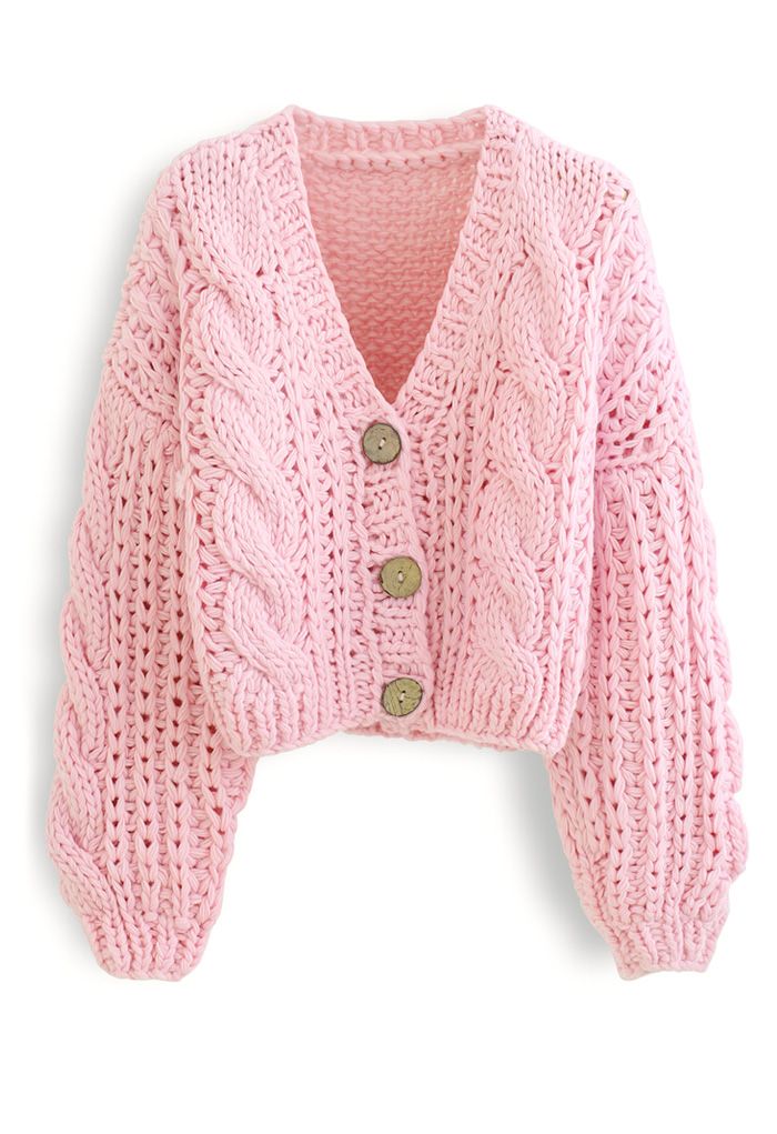 Cardigan épais tricoté à la main à encolure en V en rose