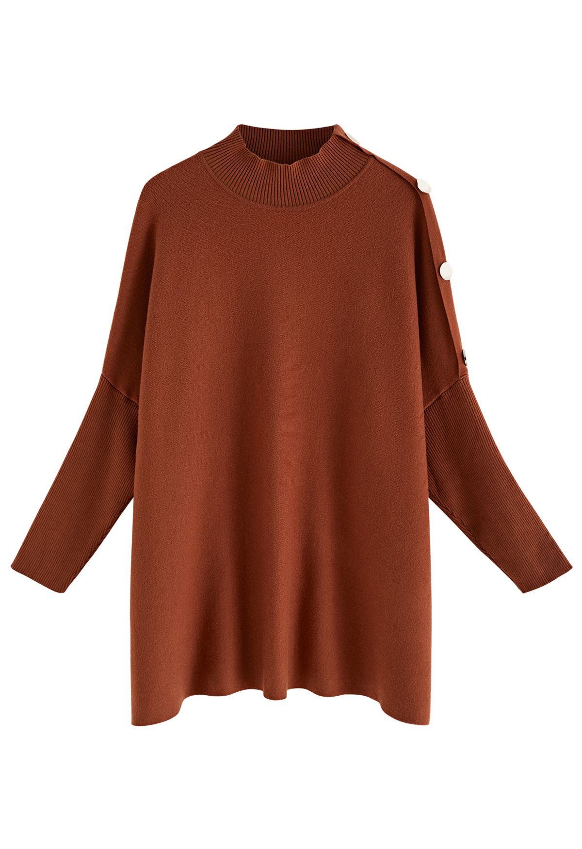 Poncho en tricot à col haut et rabat boutonné sur le côté en caramel