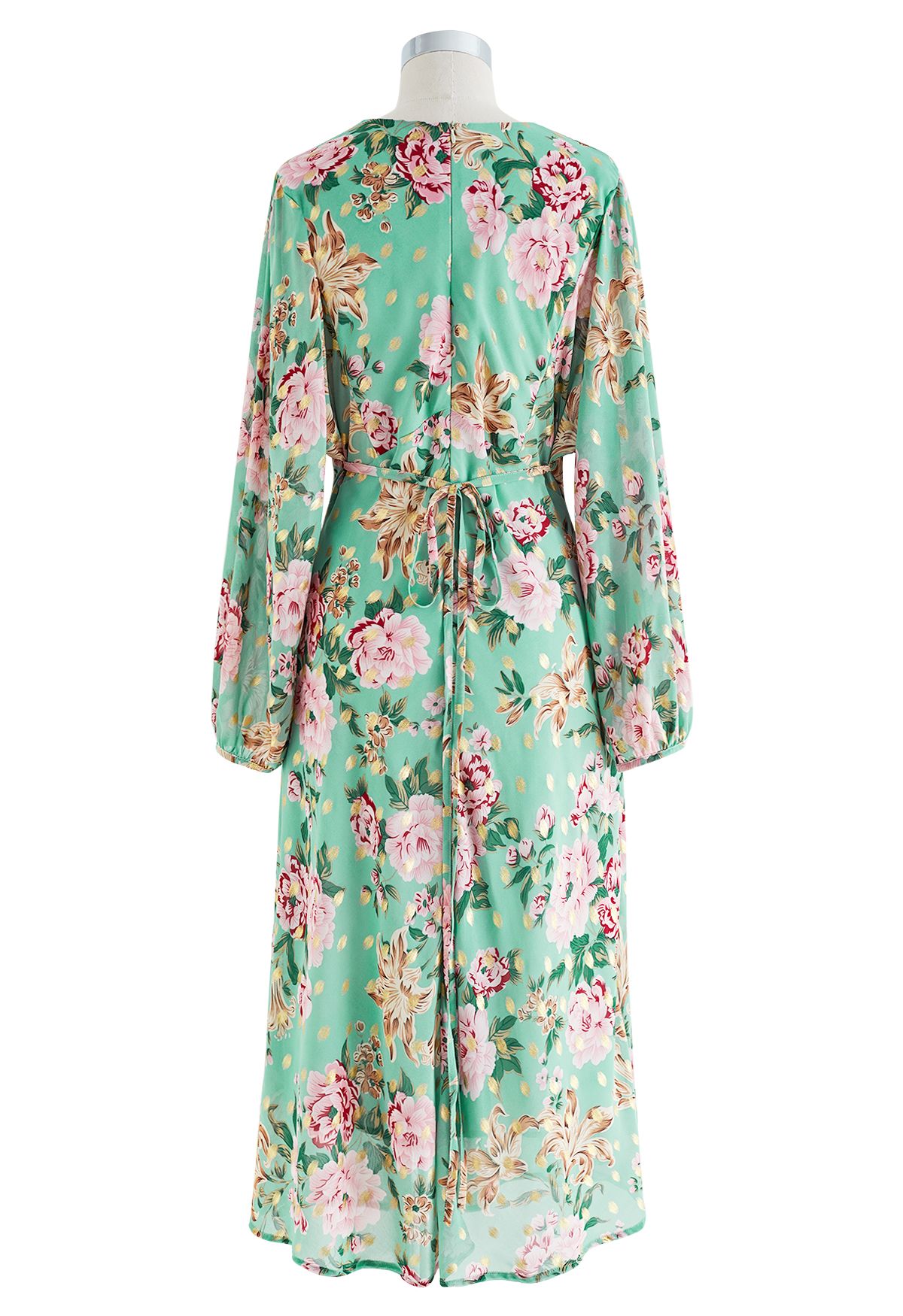 Robe mi-longue Floral to See avec pois dorés à la menthe