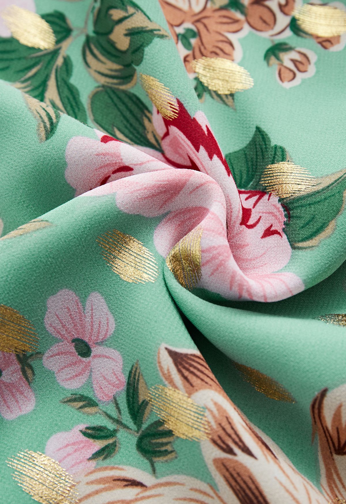 Robe mi-longue Floral to See avec pois dorés à la menthe