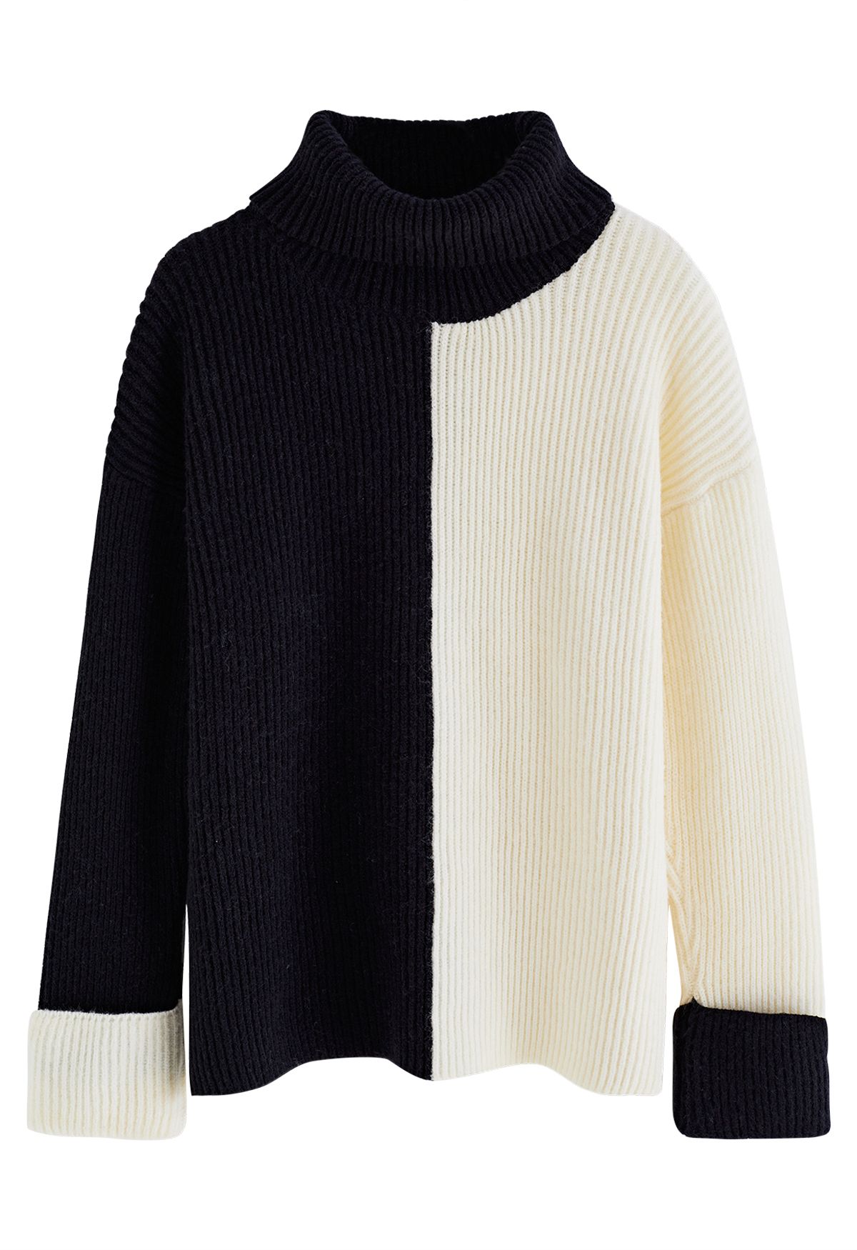 Pull en tricot épais bicolore à col roulé et revers