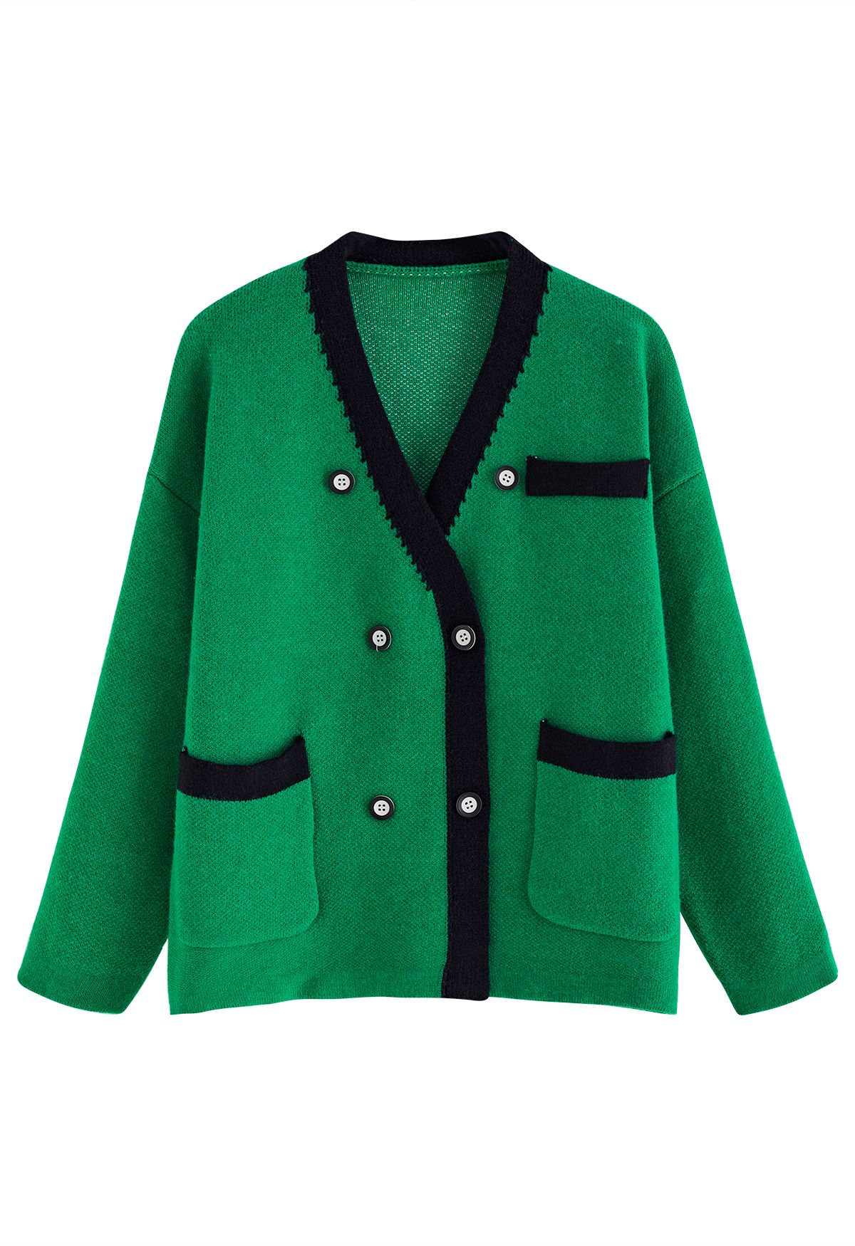 Cardigan à double boutonnage de couleur contrastée en vert