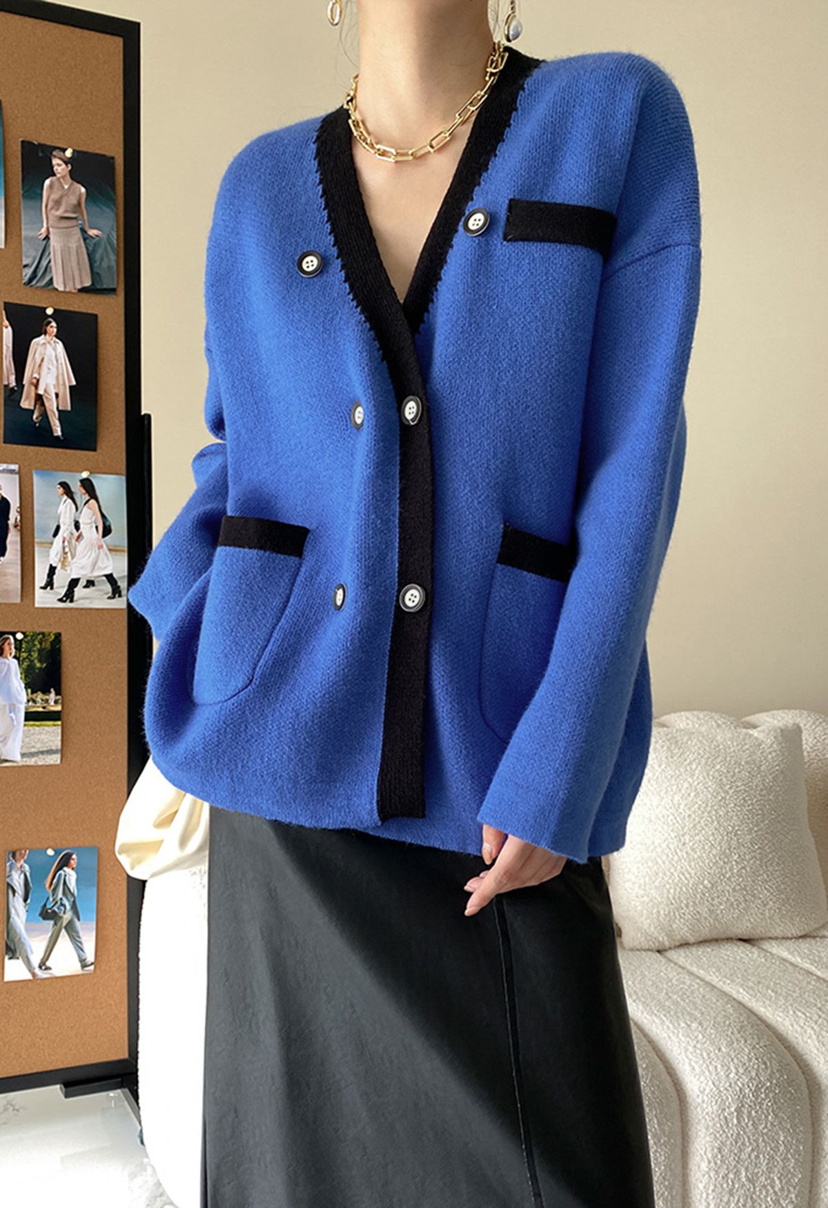 Cardigan à double boutonnage de couleur contrastée en bleu