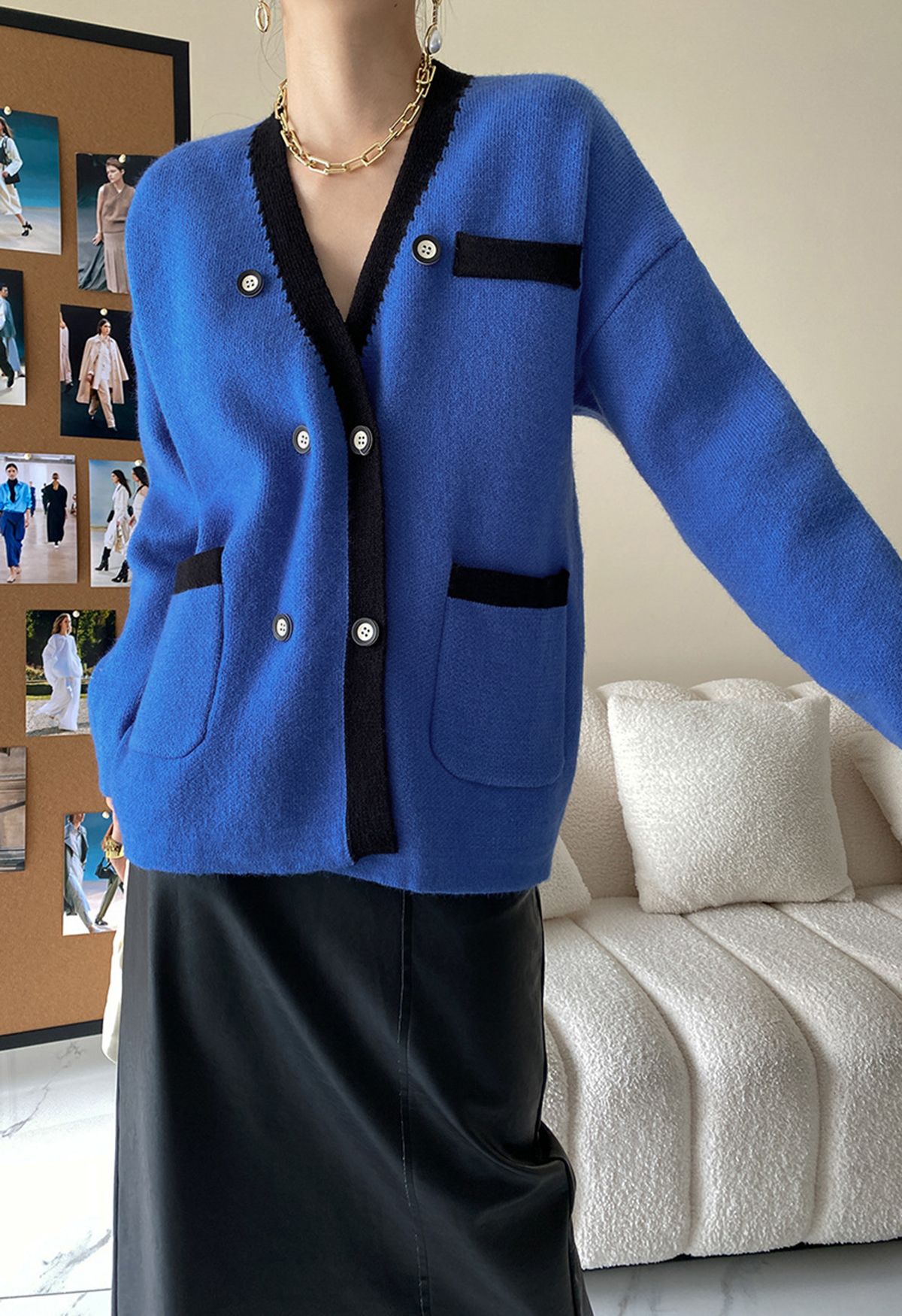 Cardigan à double boutonnage de couleur contrastée en bleu