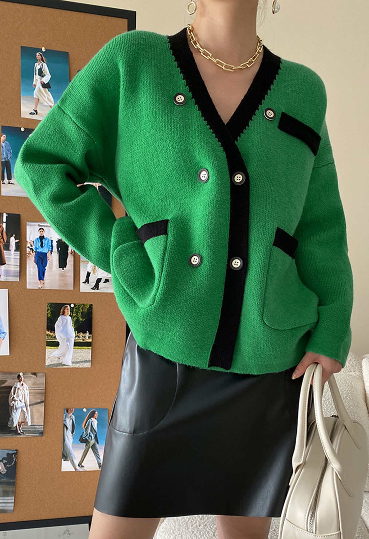 Cardigan à double boutonnage de couleur contrastée en vert