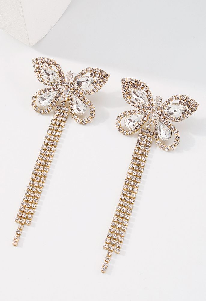 Boucles d'Oreilles Pendantes à Pompon Papillon et Diamants Complets