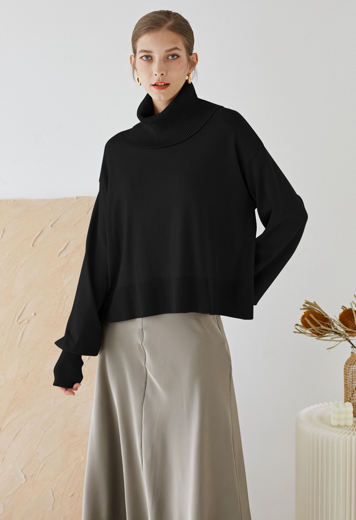 Haut en Tricot Slouchy à Col Roulé et Boutons Latéraux en Noir