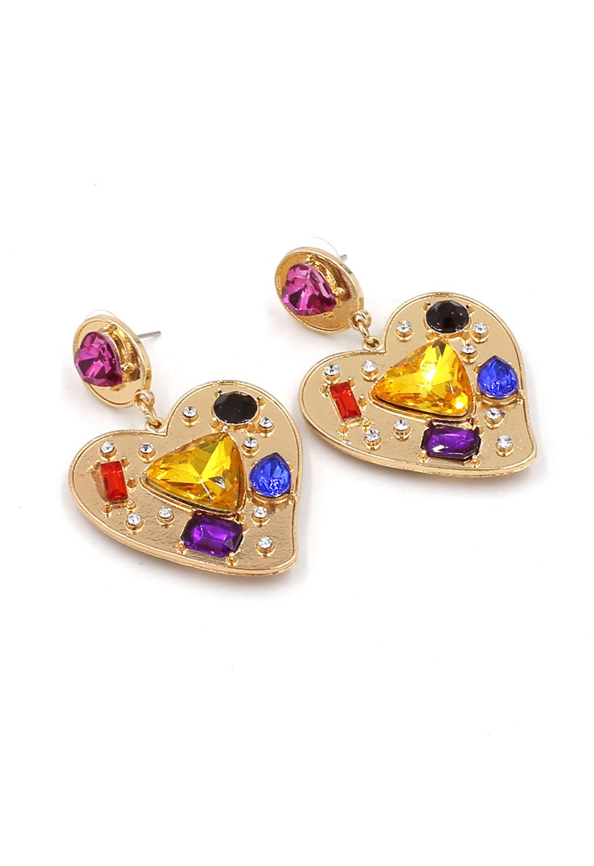 Boucles d'Oreilles en Cristal Multicolore en Forme de Coeur en Or