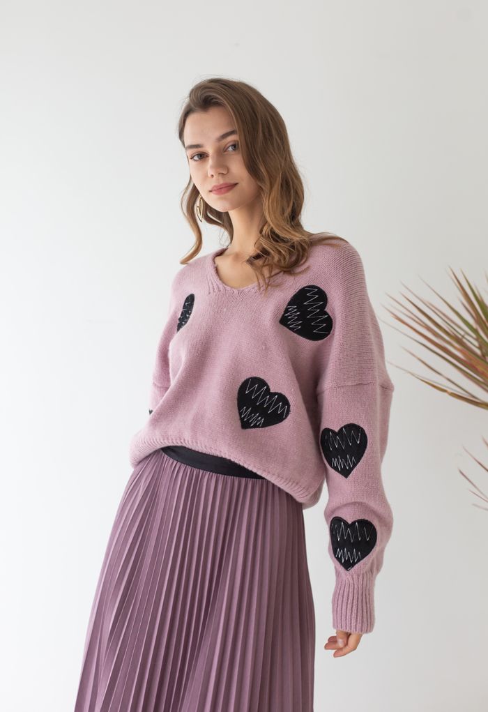 Pull en maille à col en V et écusson Heartbeat en lilas