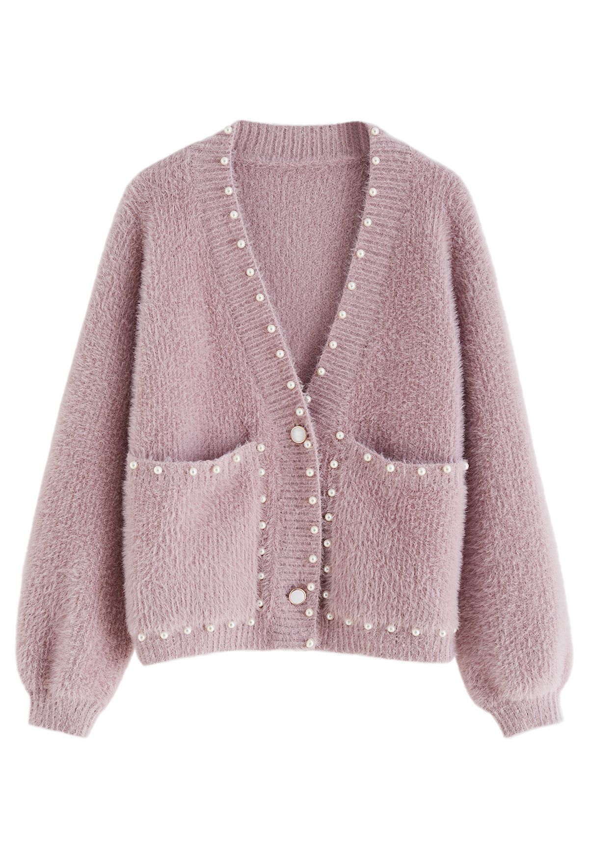 Cardigan en tricot pelucheux avec poches passepoilées en vieux rose