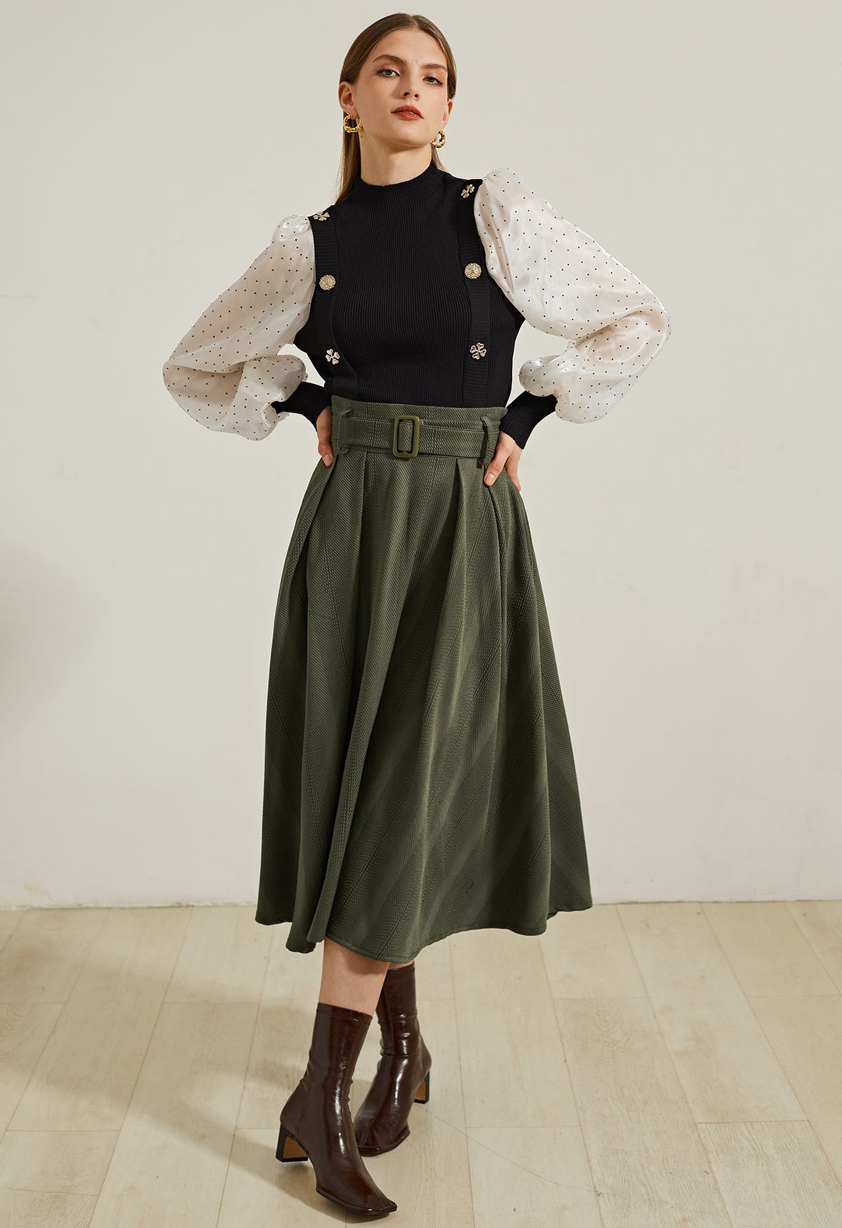 Belted Texture Flare Midi Skirt in Olive