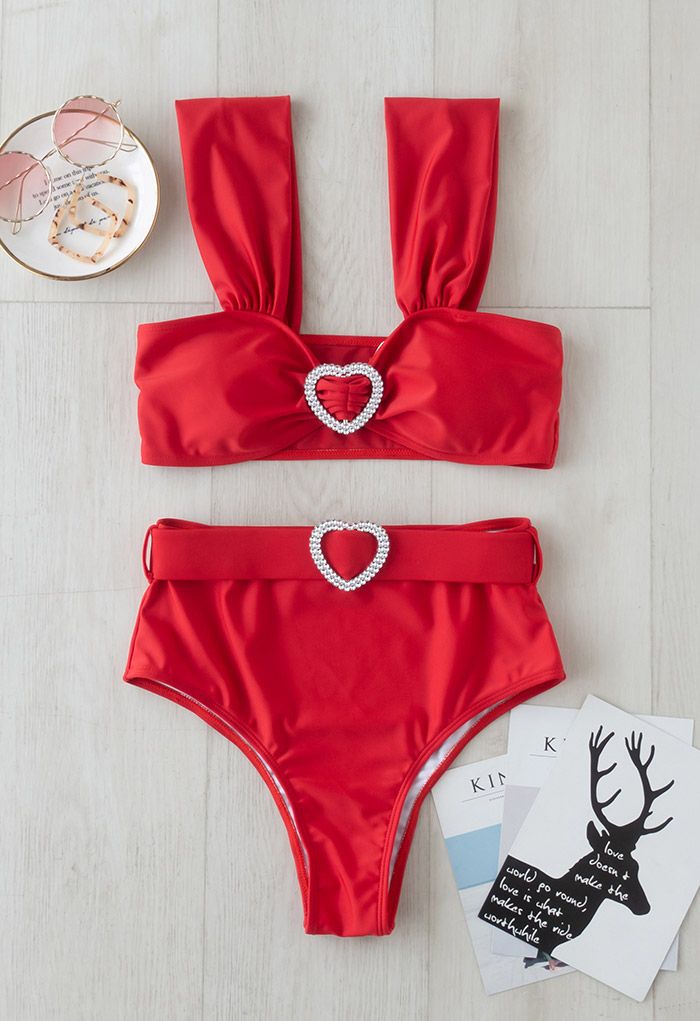 Ensemble de Bikini à Bretelles Crystal Heart en Rouge