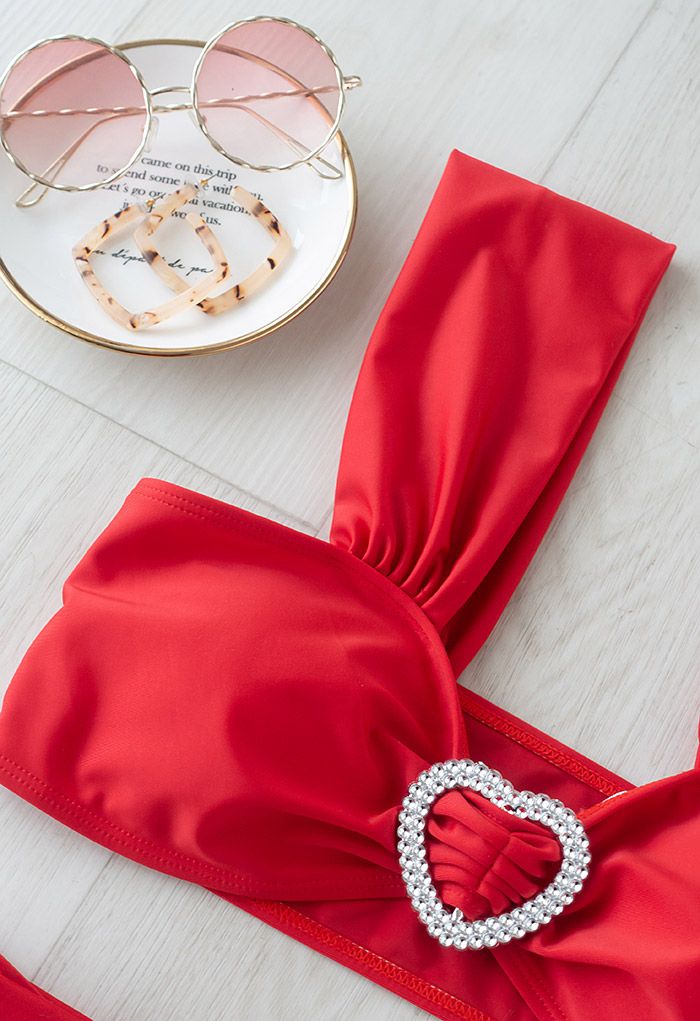 Ensemble de Bikini à Bretelles Crystal Heart en Rouge