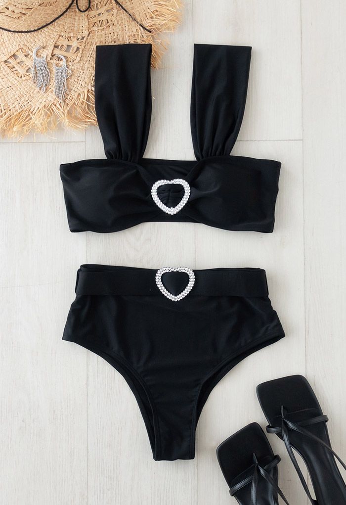 Ensemble de Bikini à Bretelles Crystal Heart en Noir