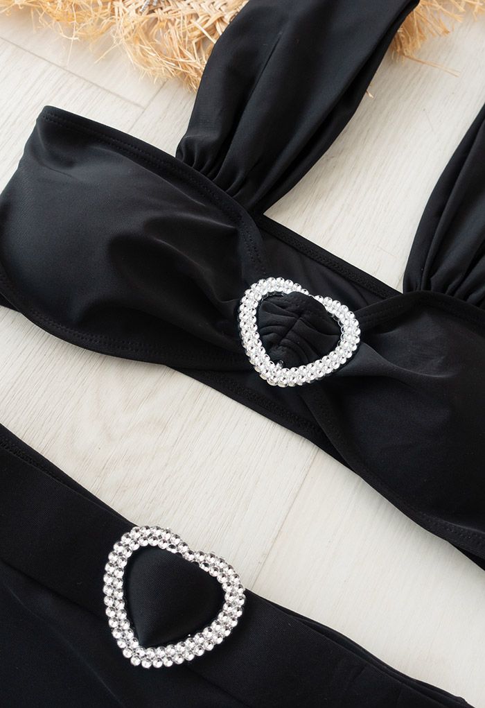 Ensemble de Bikini à Bretelles Crystal Heart en Noir